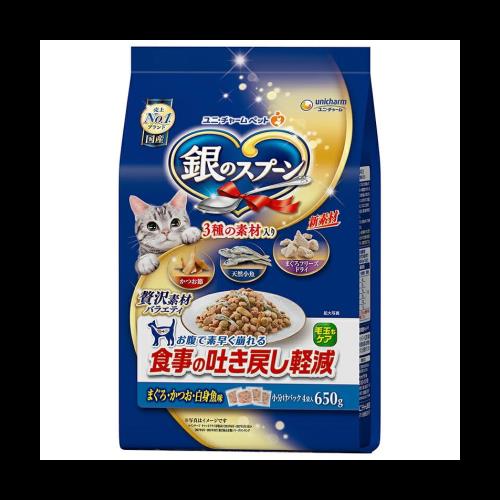 ◆商品名：（まとめ買い）ユニ・チャーム 銀のスプーン 贅沢素材バラエティ 食事の吐き戻し軽減フード まぐろ・かつお・白身魚味に天然小魚・かつお