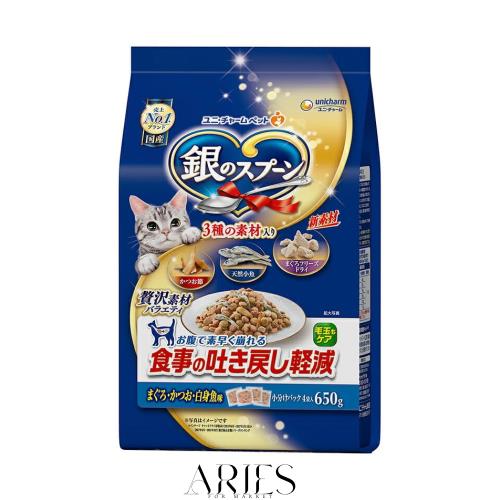 ◆商品名：（まとめ買い）ユニ・チャーム 銀のスプーン 贅沢素材バラエティ 食事の吐き戻し軽減フード まぐろ・かつお・白身魚味に天然小魚・かつお