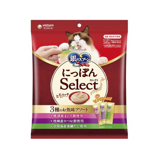 ◆商品名：銀のスプーン 猫用 おやつ にっぽんSelect とろリッチ 3種のお魚味アソート まぐろ節＆かつお節＆真鯛だし 240g [猫用おやつ]