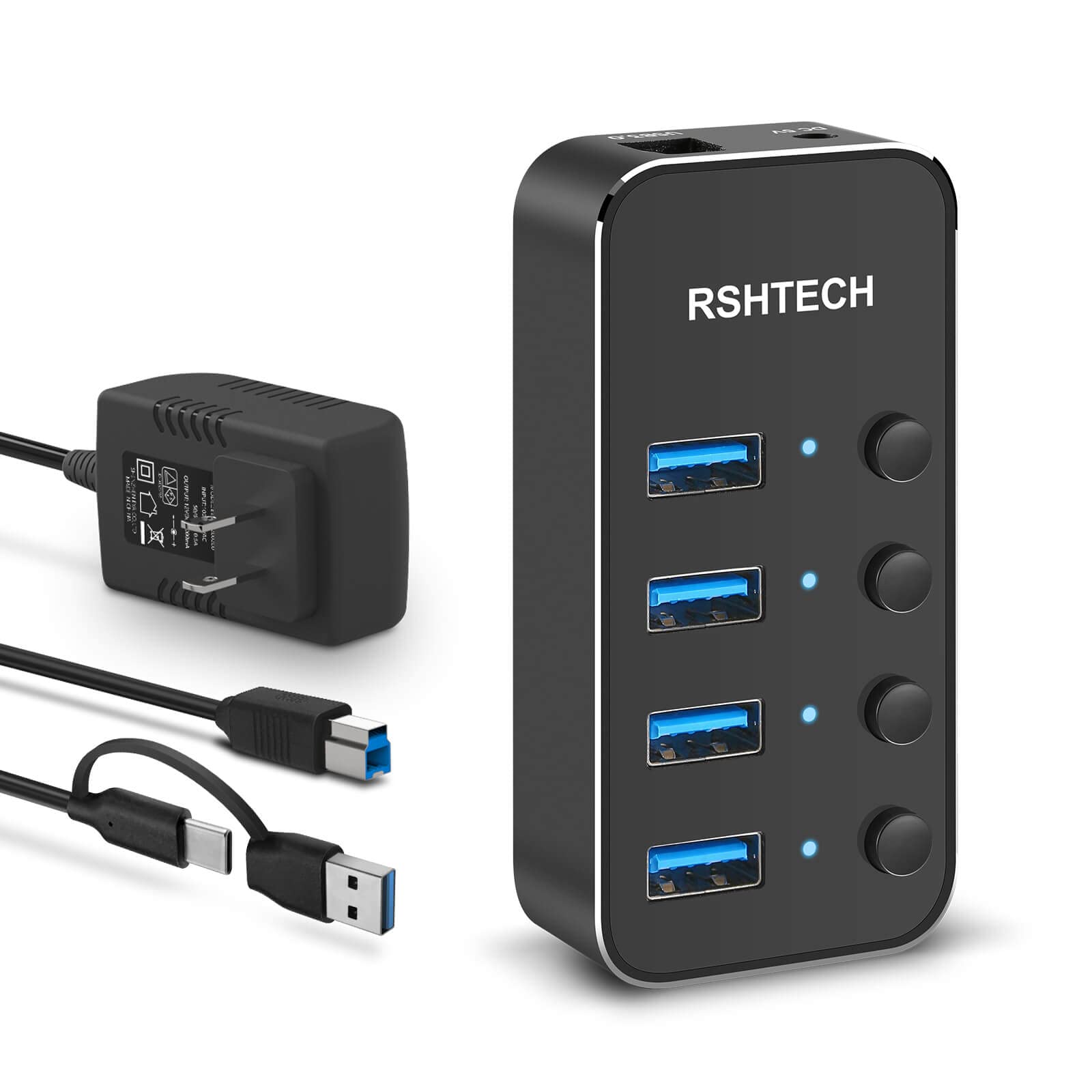 ◆商品名：RSHTECH USBハブ 電源 2 in 1 ケーブル 付き4ポート Type C USB Hub 3.0 アルミ製 5Gbps高速転送 セルフパワーとバスパワー両用 5V電源 独
